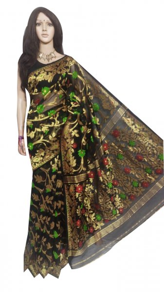 Black full body weaving work jamdani silk saree